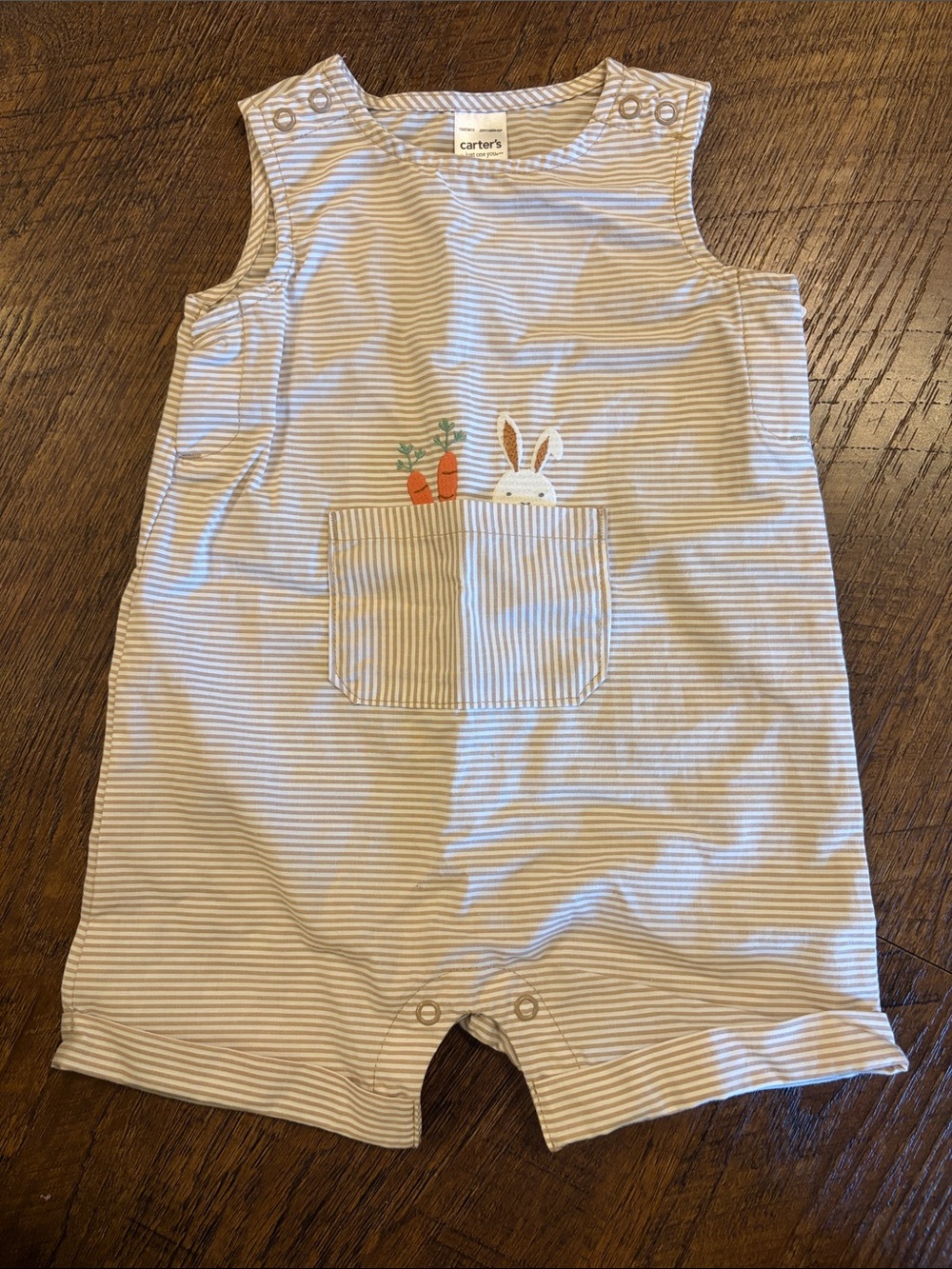 Carter's unisex brown and White Striped Bunny Pocket Romper size 9 M